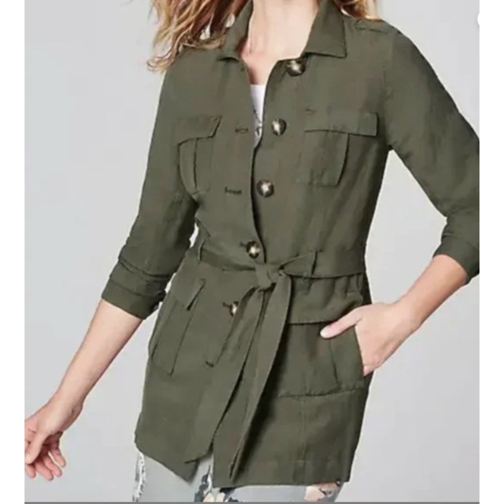 J. Jill Stylish Linen Blend Safari Jacket Caraway Medium Army Green Utility